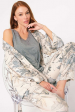 Anıl 5805 Viskon Çiçek Desenli Nakış Detaylı Sabahlıklı Pijama Takımı