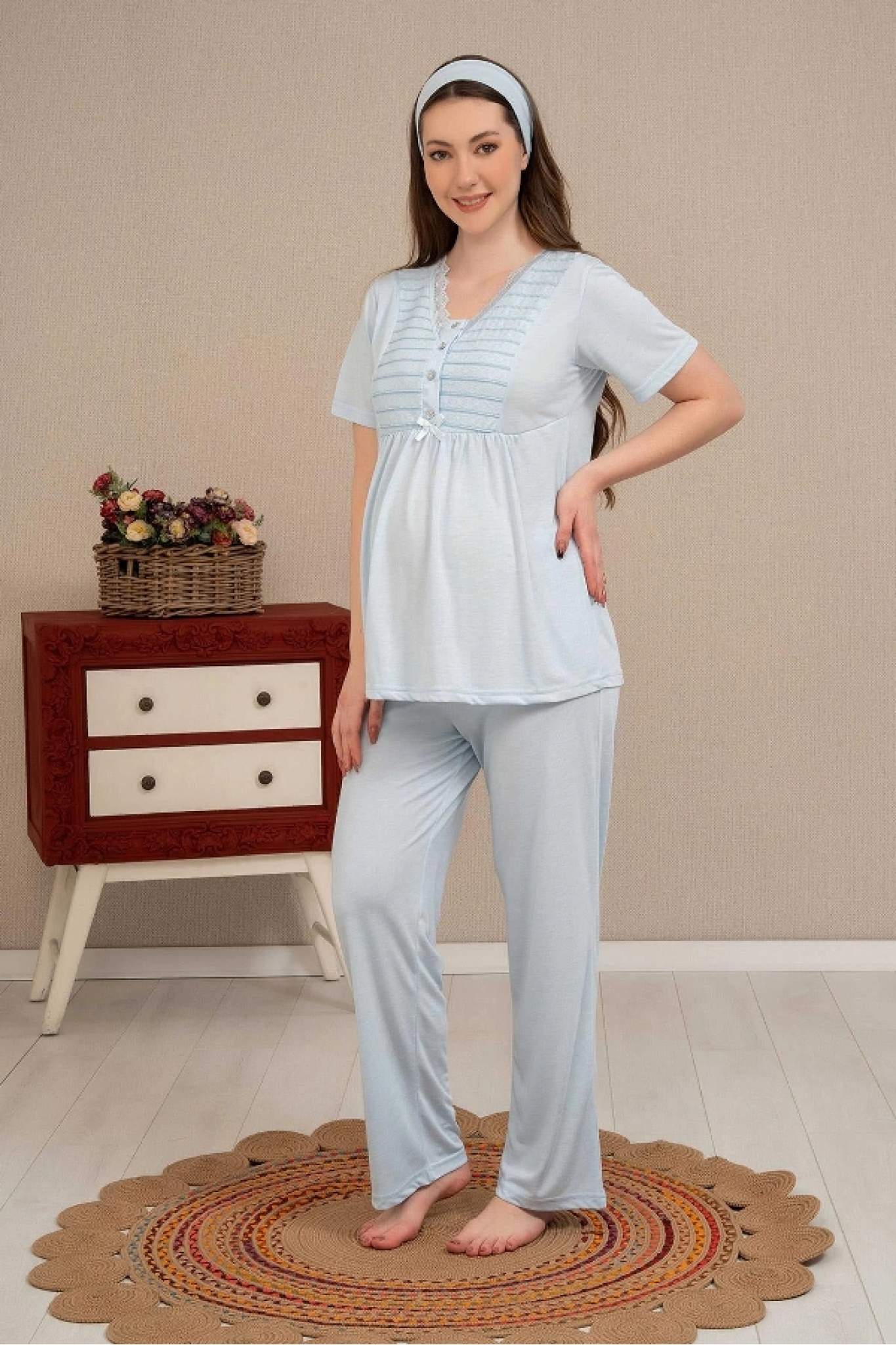 Ba-Ha 4503 Jakar Sabahlıklı Dantelli Detaylı Lohusa Pijama Takımı