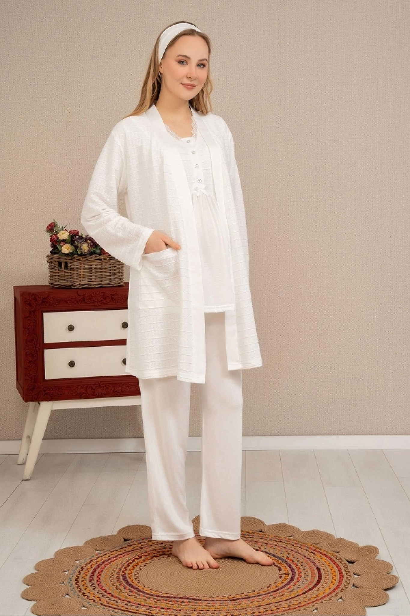 Ba-Ha 4503 Jakar Sabahlıklı Dantelli Detaylı Lohusa Pijama Takımı