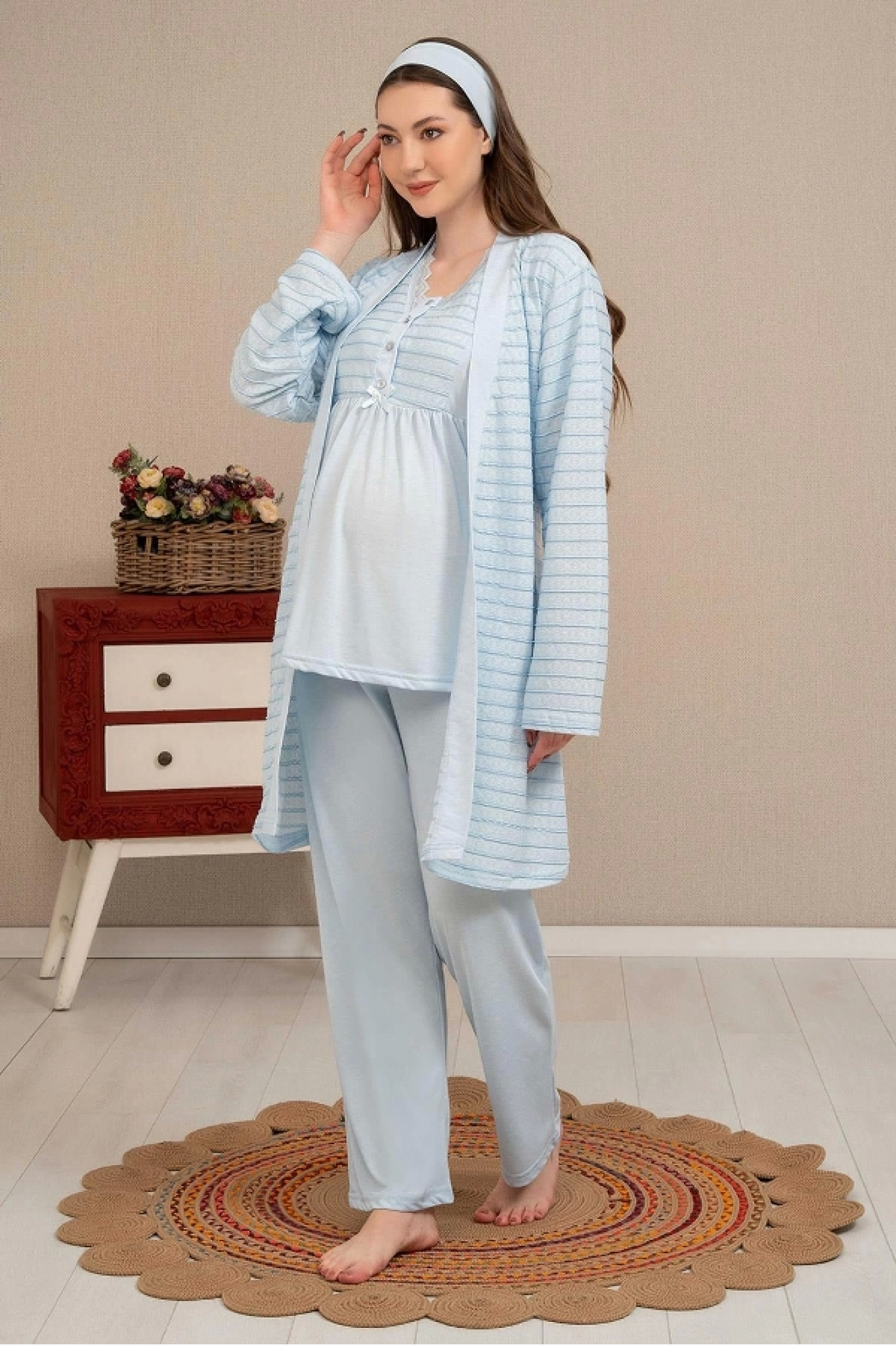 Ba-Ha 4503 Jakar Sabahlıklı Dantelli Detaylı Lohusa Pijama Takımı
