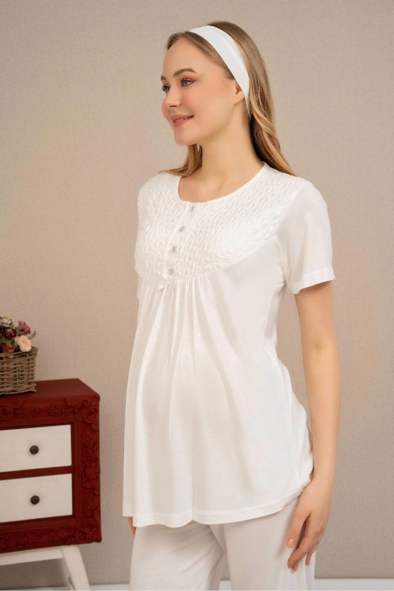 Ba-Ha 4504 Dantel Sabahlıklı Lohusa Pijama Takımı