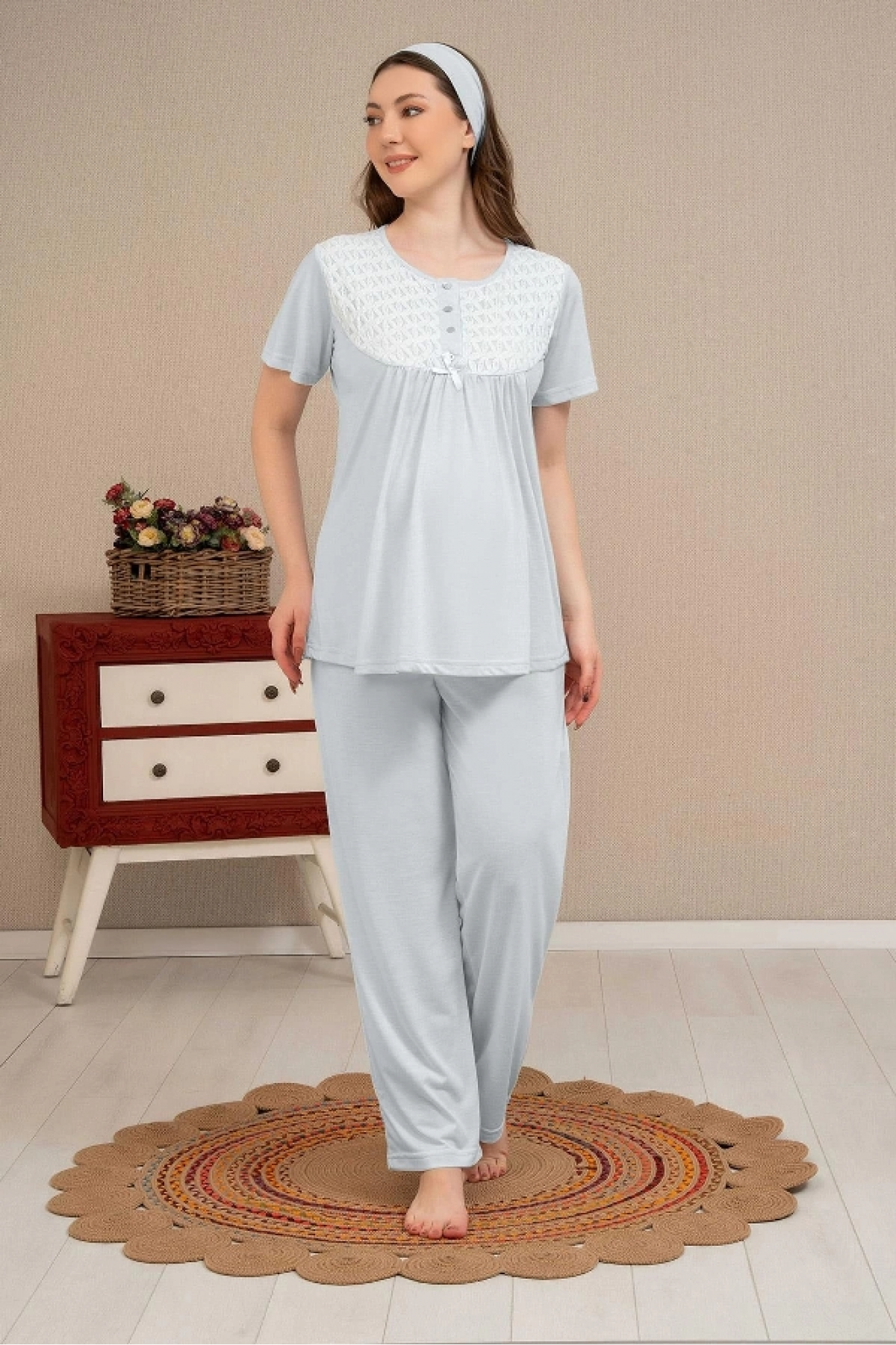 Ba-Ha 4504 Dantel Sabahlıklı Lohusa Pijama Takımı