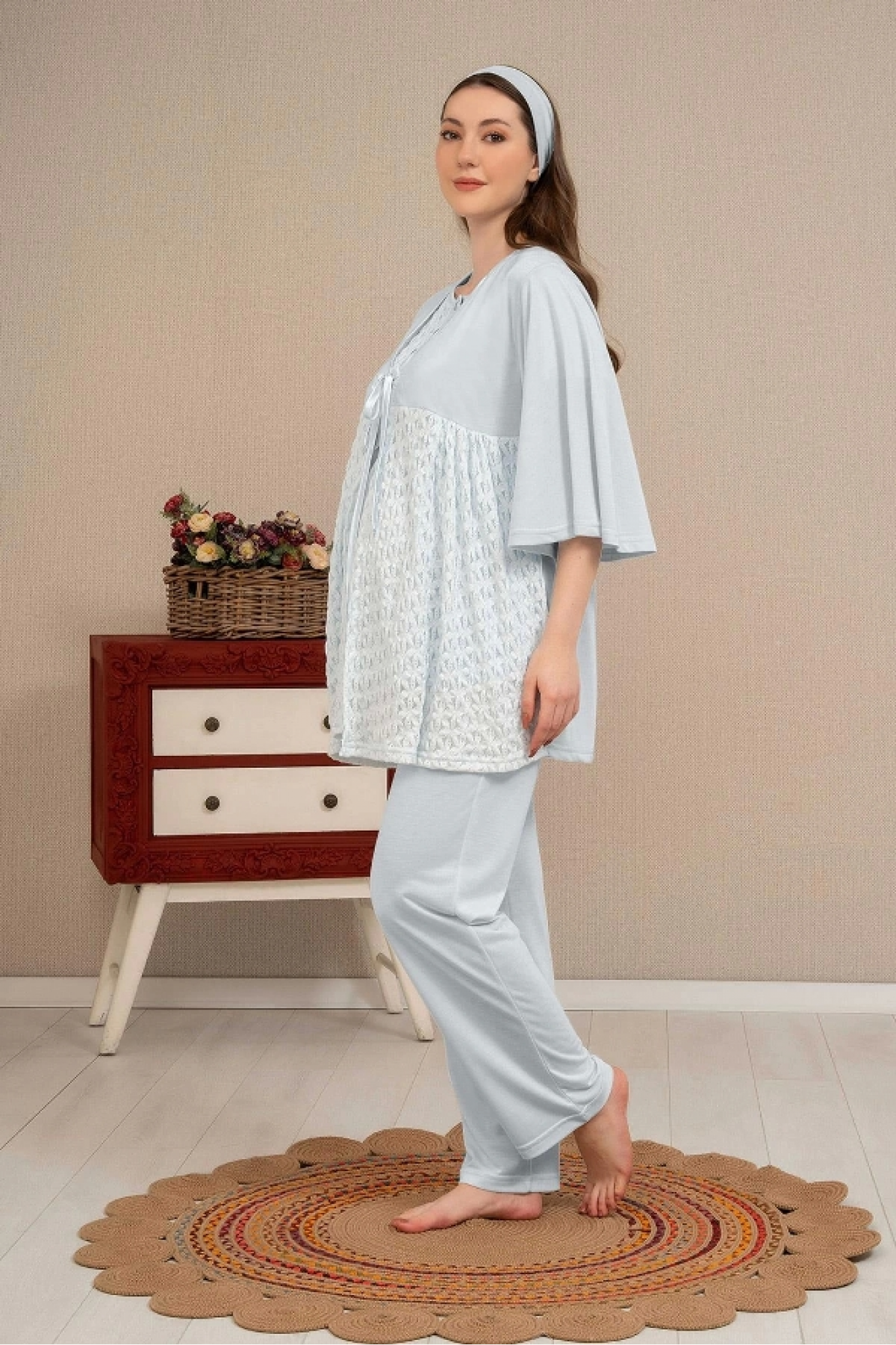 Ba-Ha 4504 Dantel Sabahlıklı Lohusa Pijama Takımı