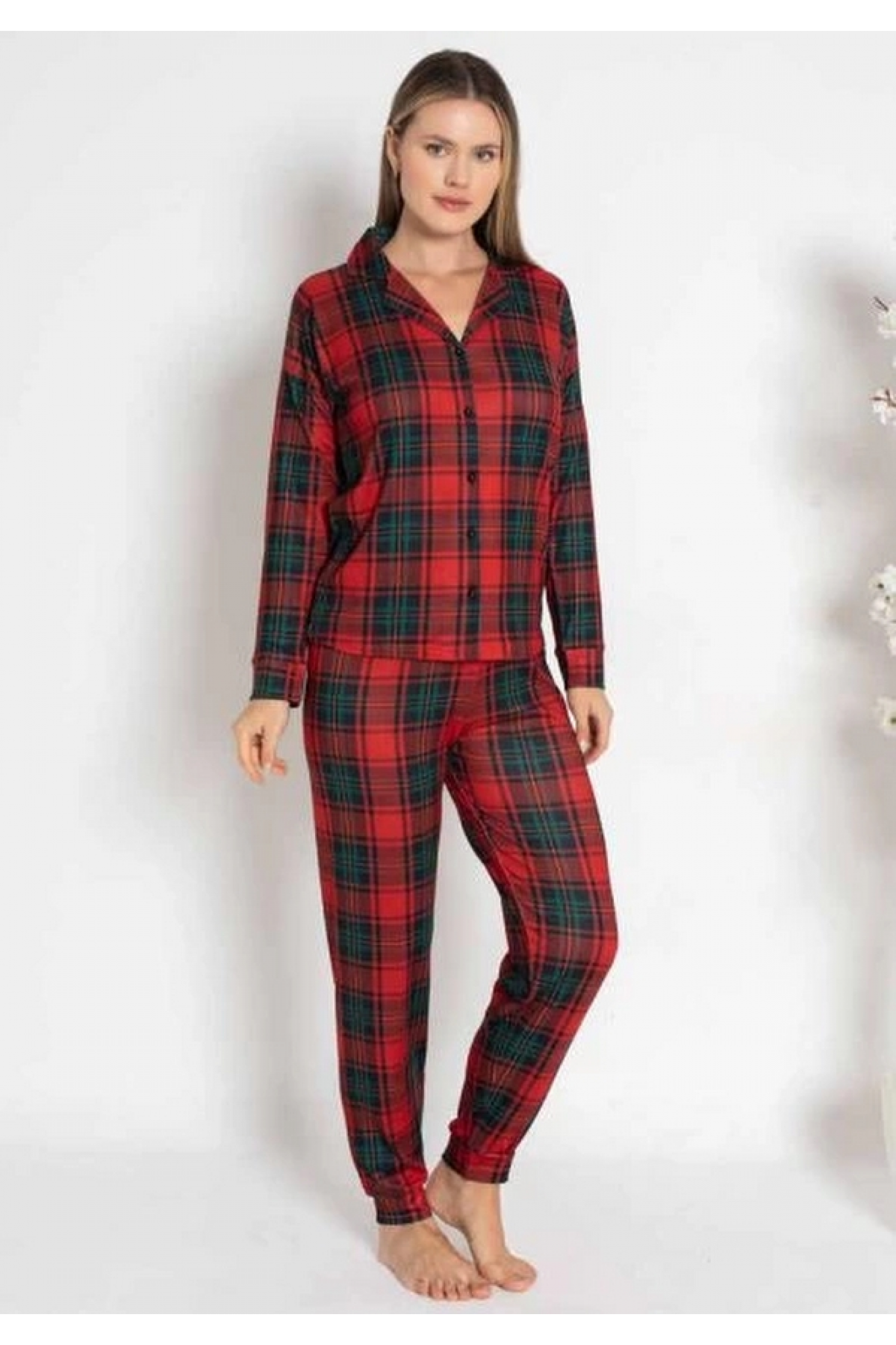 Estiva 24494 Bayan Termal Önü Düğmeli Ekoseli Pijama Takımı