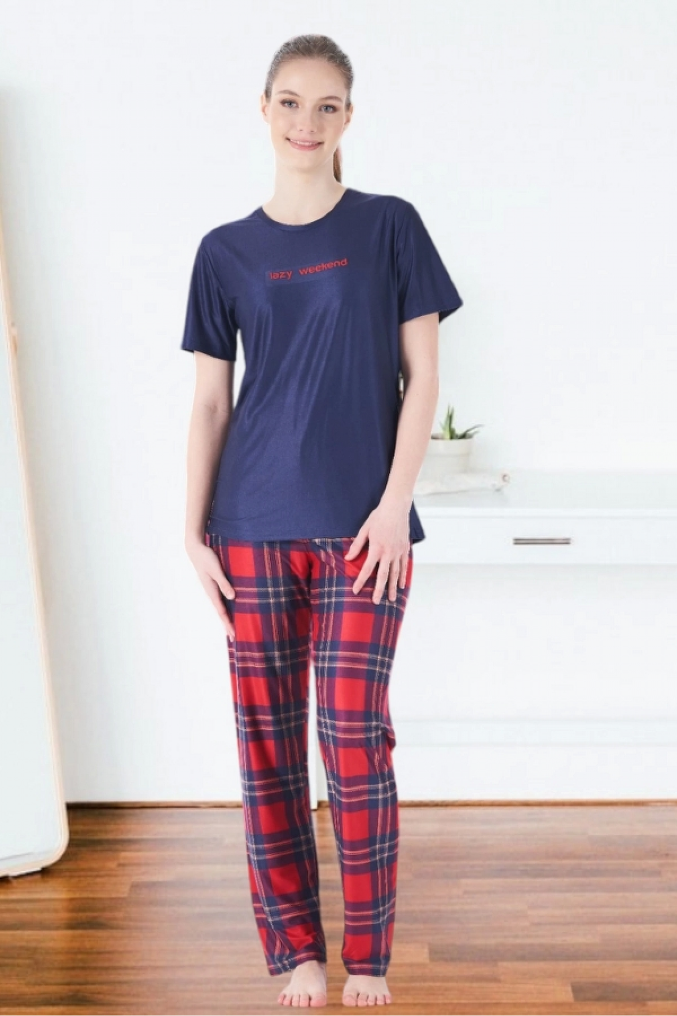 Estiva 25160 Kadın Marla Ekoseli Kısa Kol Pijama Takımı