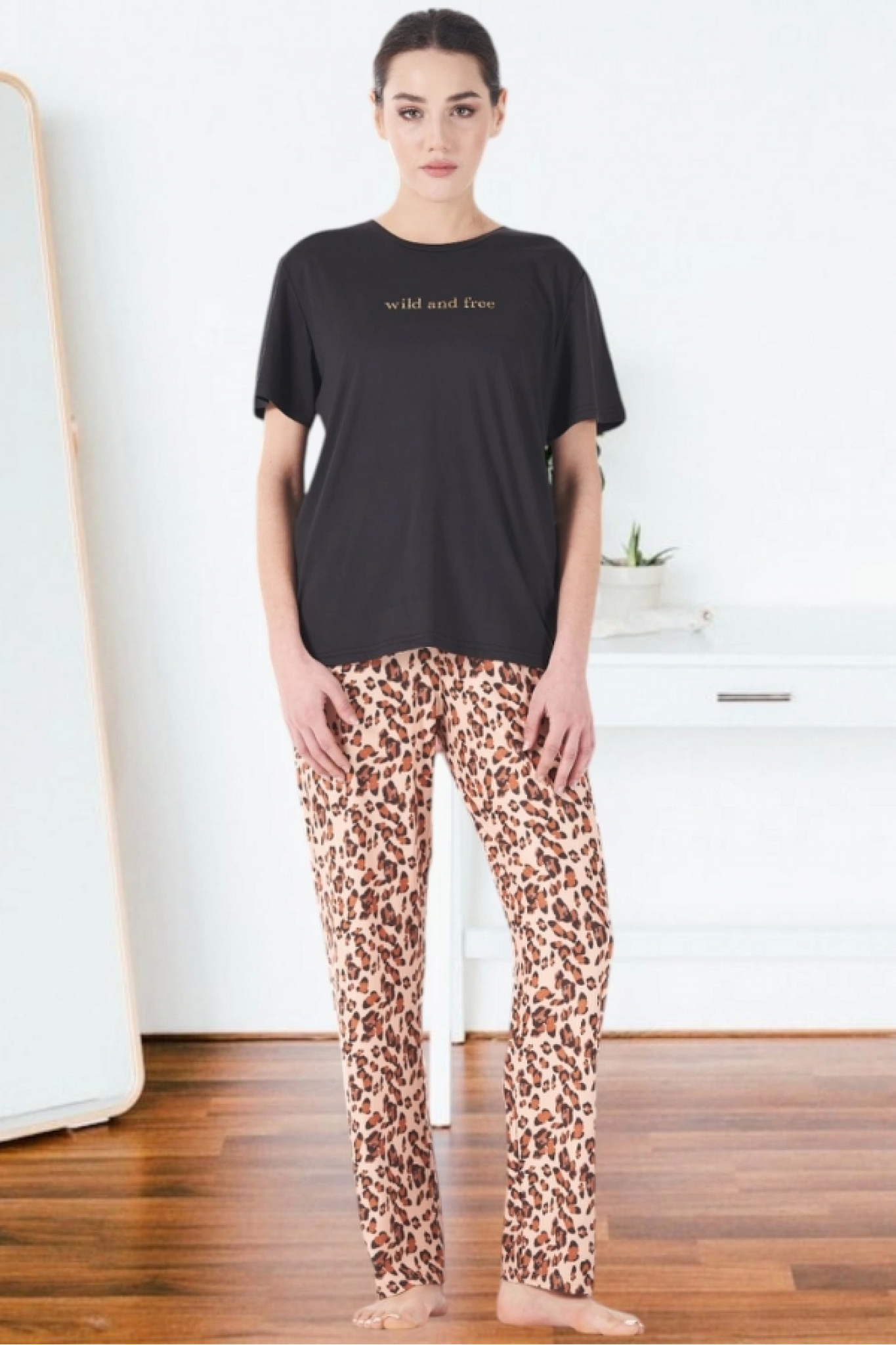 Estiva 25161 Kadın Marla Leoparlı Kısa Kol Pijama Takımı