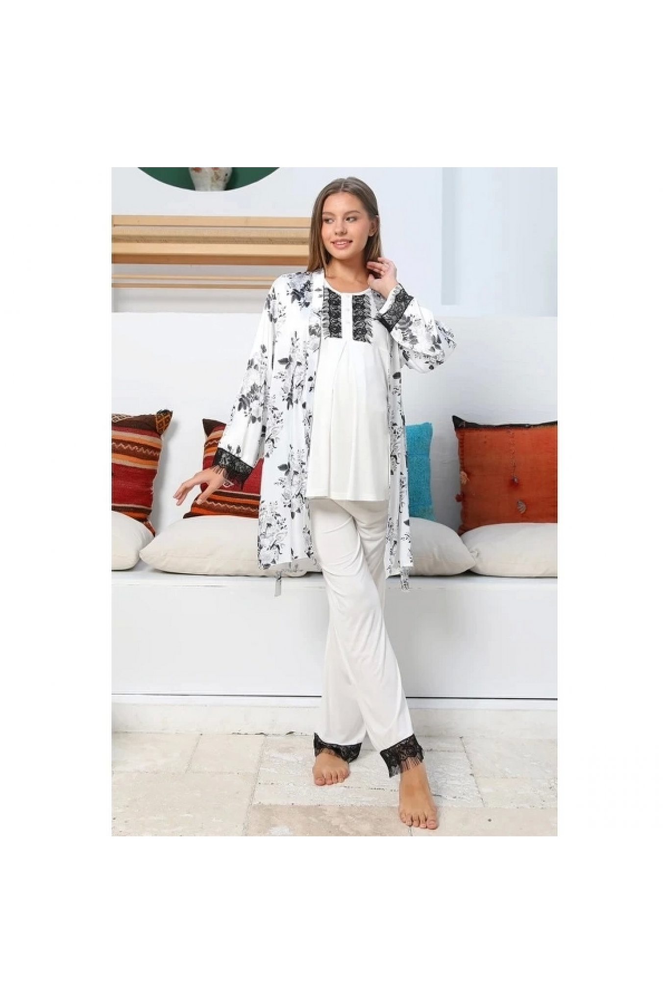 Mommysh 55711 Kadın Lohusa Saten Sabahlıklı Pijama Takımı