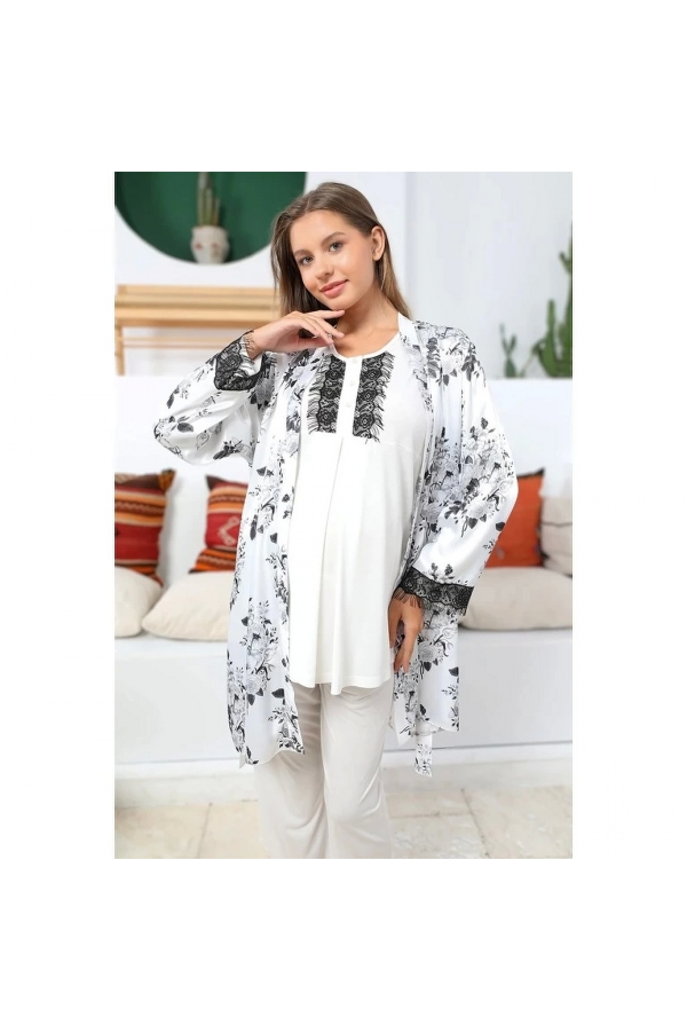 Mommysh 55711 Kadın Lohusa Saten Sabahlıklı Pijama Takımı