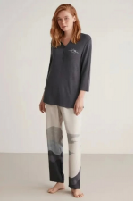 Nautıca W604 Kadın Patlı V Yaka Uzun Kollu Pijama Takımı