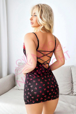 Nightlight 1085 Kiraz Desenli Peluş Detaylı Mini Fantazi Gecelik