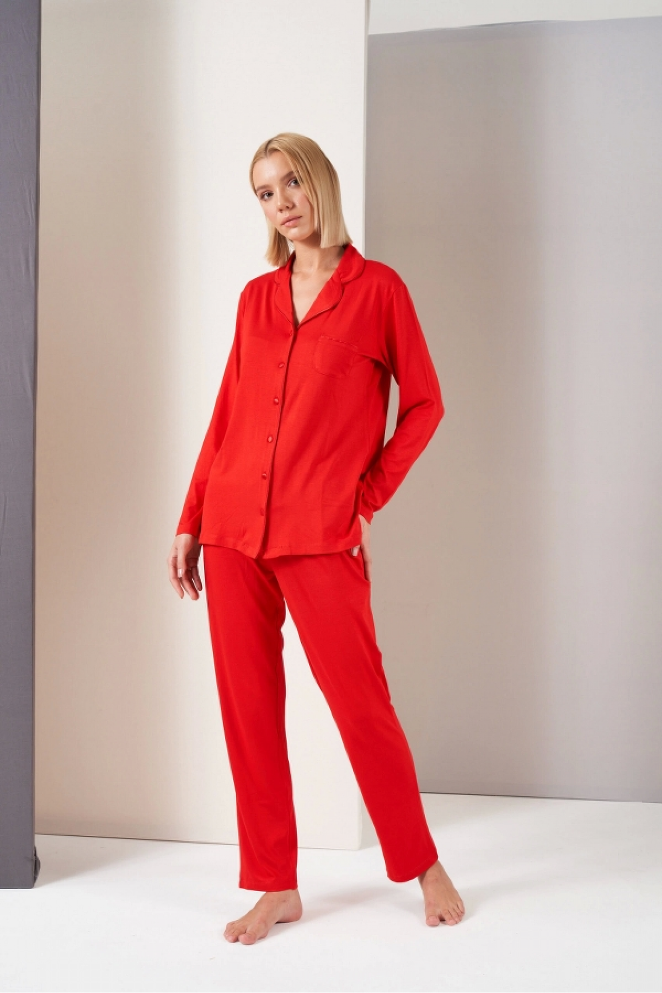 Pjs 26028  Bayan Önden Düğmeli Pijama Takımı