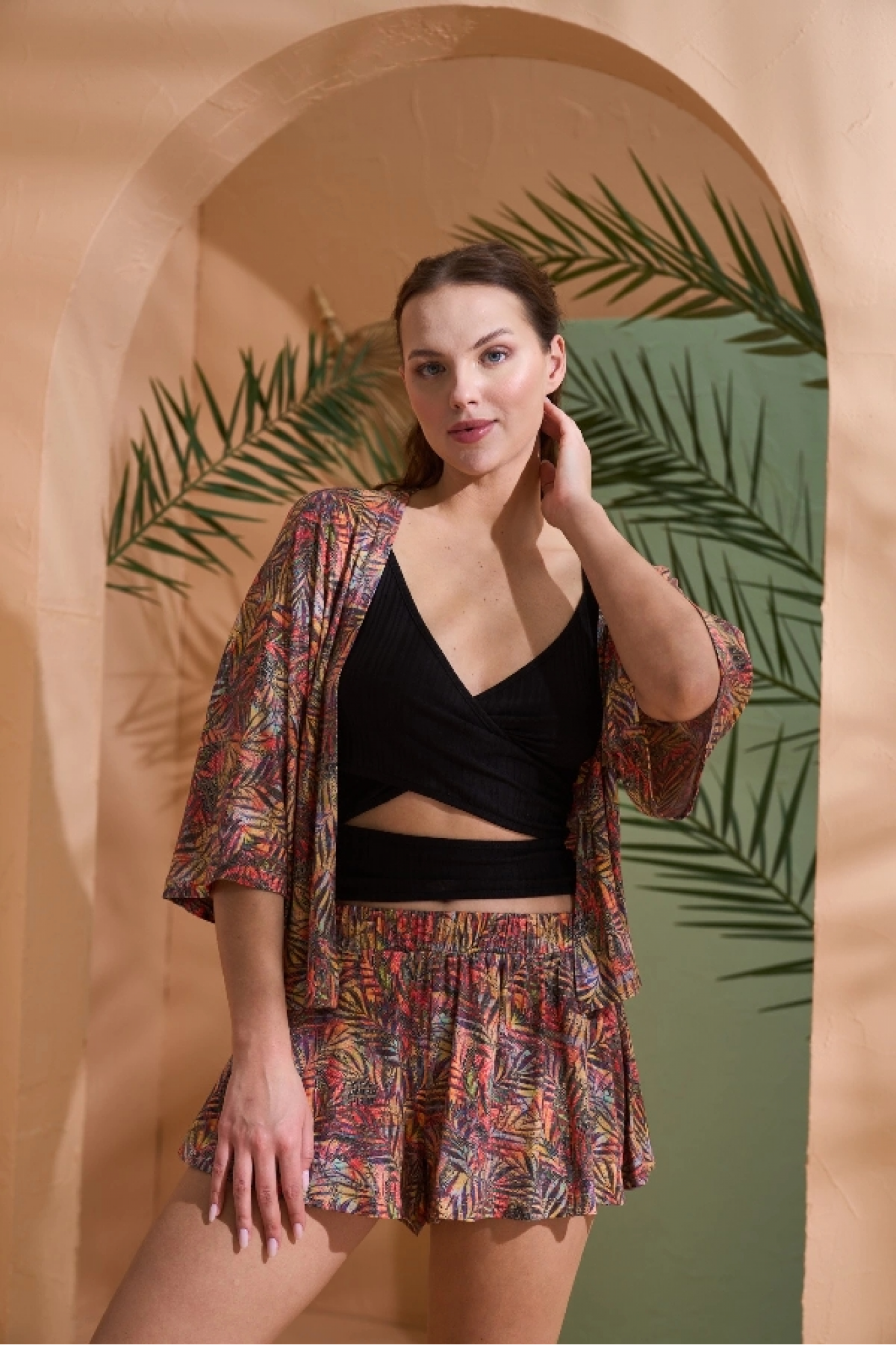 PJS 27003 Viskon Kimono Croplu Şort Takım