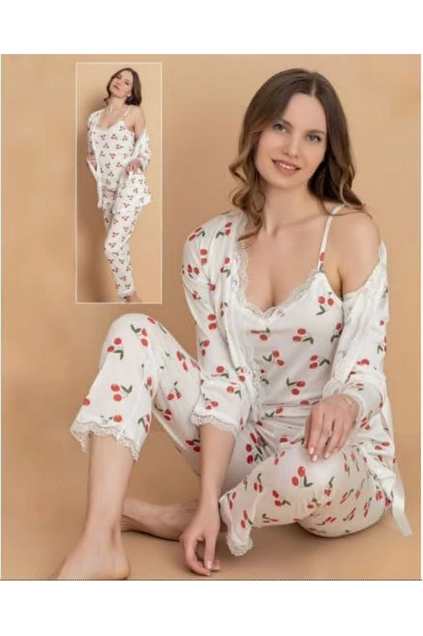 Stil Moda 7046 Kadın Kirazlı Askılı Sabahlıklı Pijama Takımı