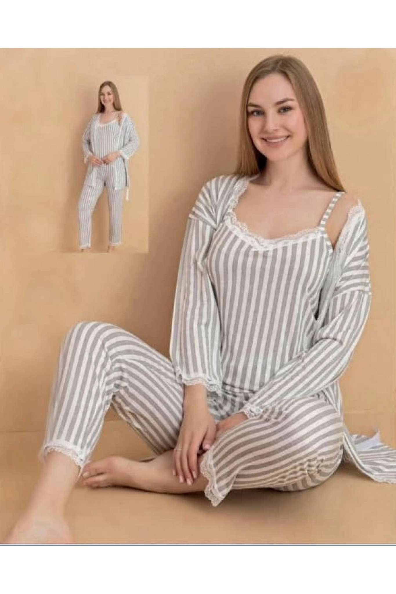 Stil Moda 7048 Kadın Askılı Sabahlıklı Pijama Takımı